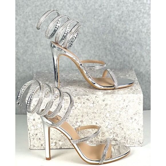 Windsor Silver Rhinestone Spiral Heels Women’s 8.5 Stiletto Holiday Party Sexy - Picture 4 of 12